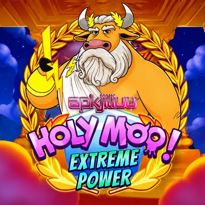Tampilan grid 6x6 pada slot Holy Moo! Extreme Power dengan tema dewa sapi.